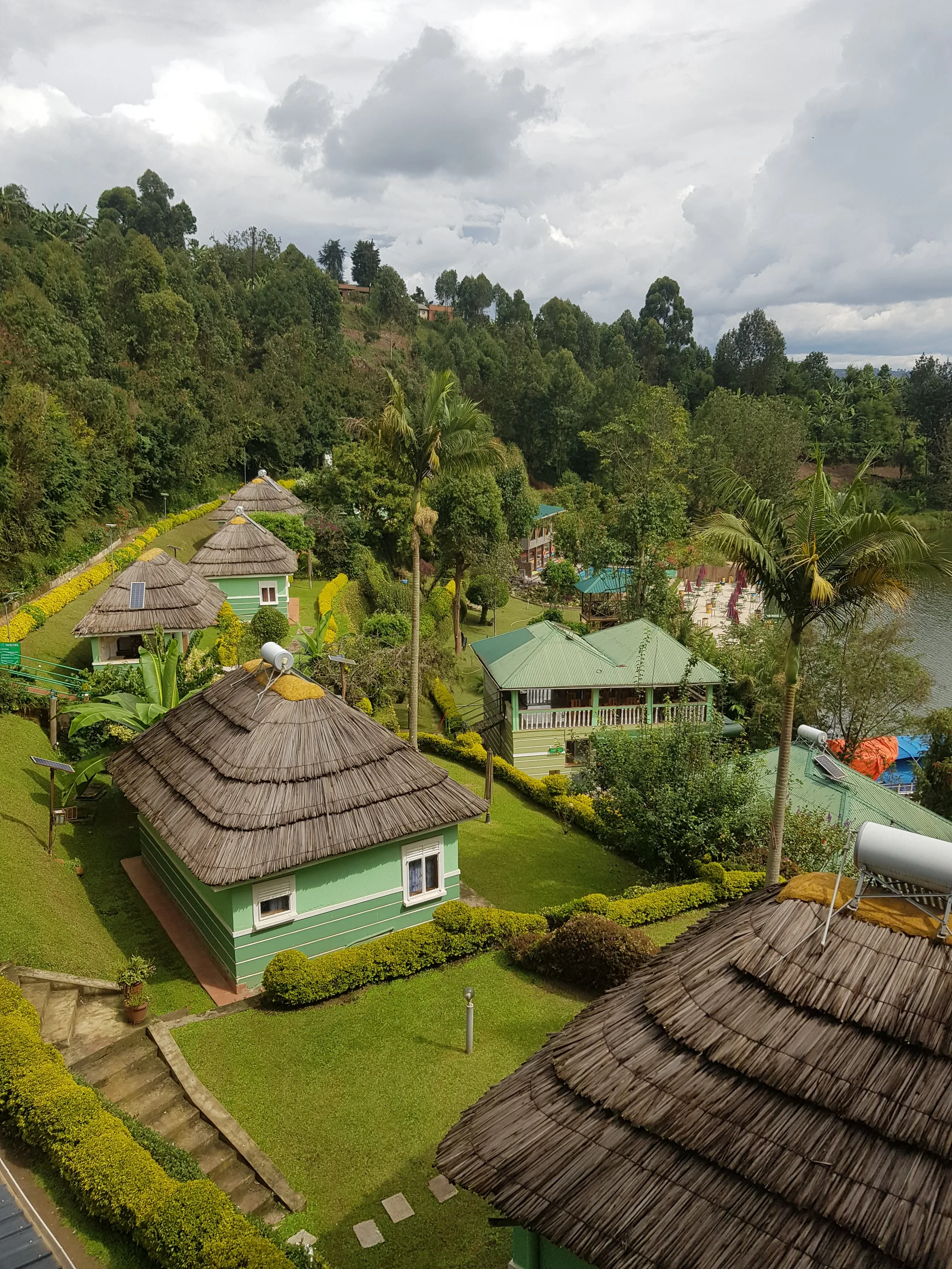 Aerial close view of the thatched cottage roofs among lawns and hedges