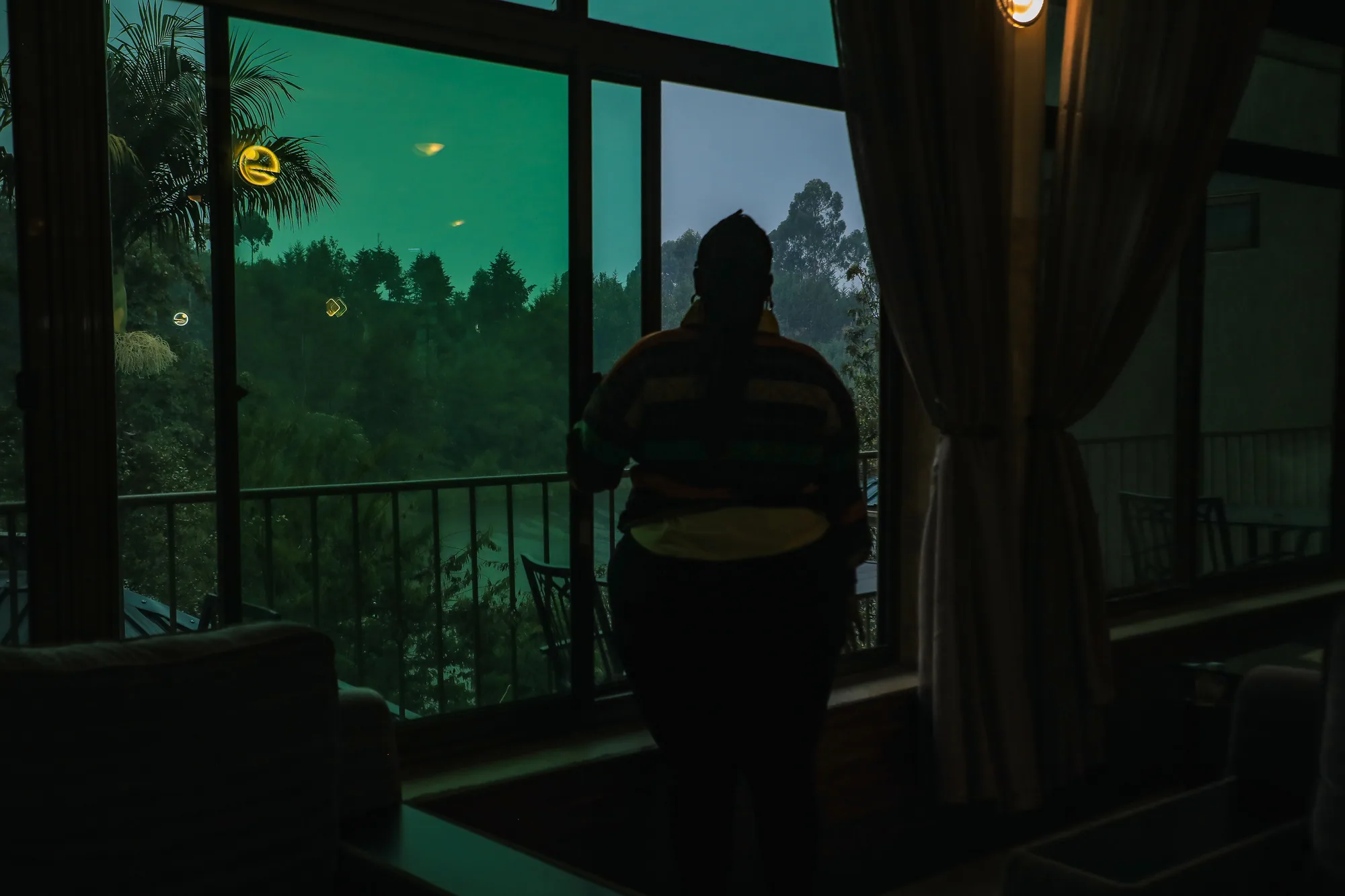 A guest silhouetted against a window looking onto the dark trees at dusk