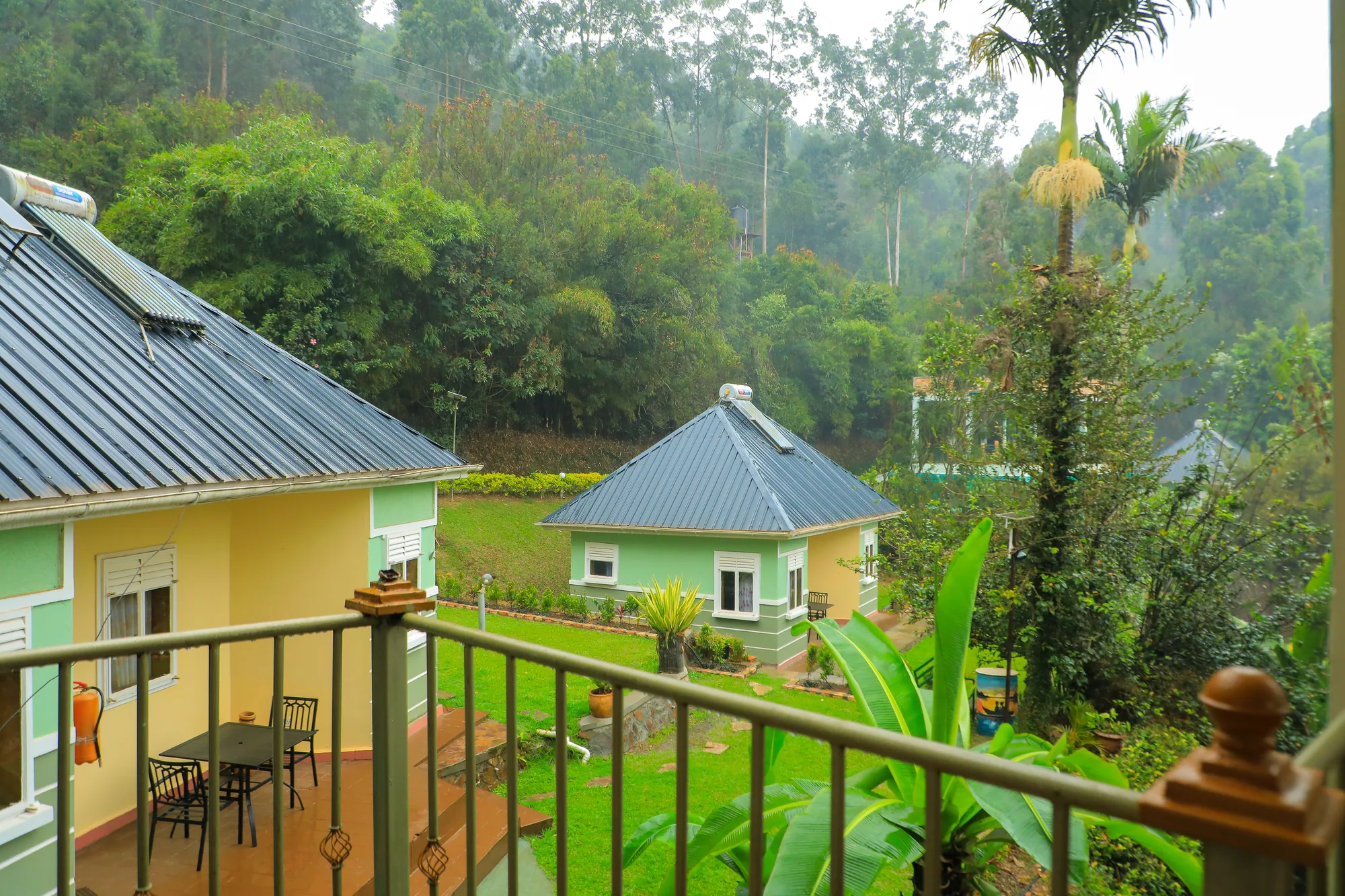 Cottages among trees seen from a balcony above the garden