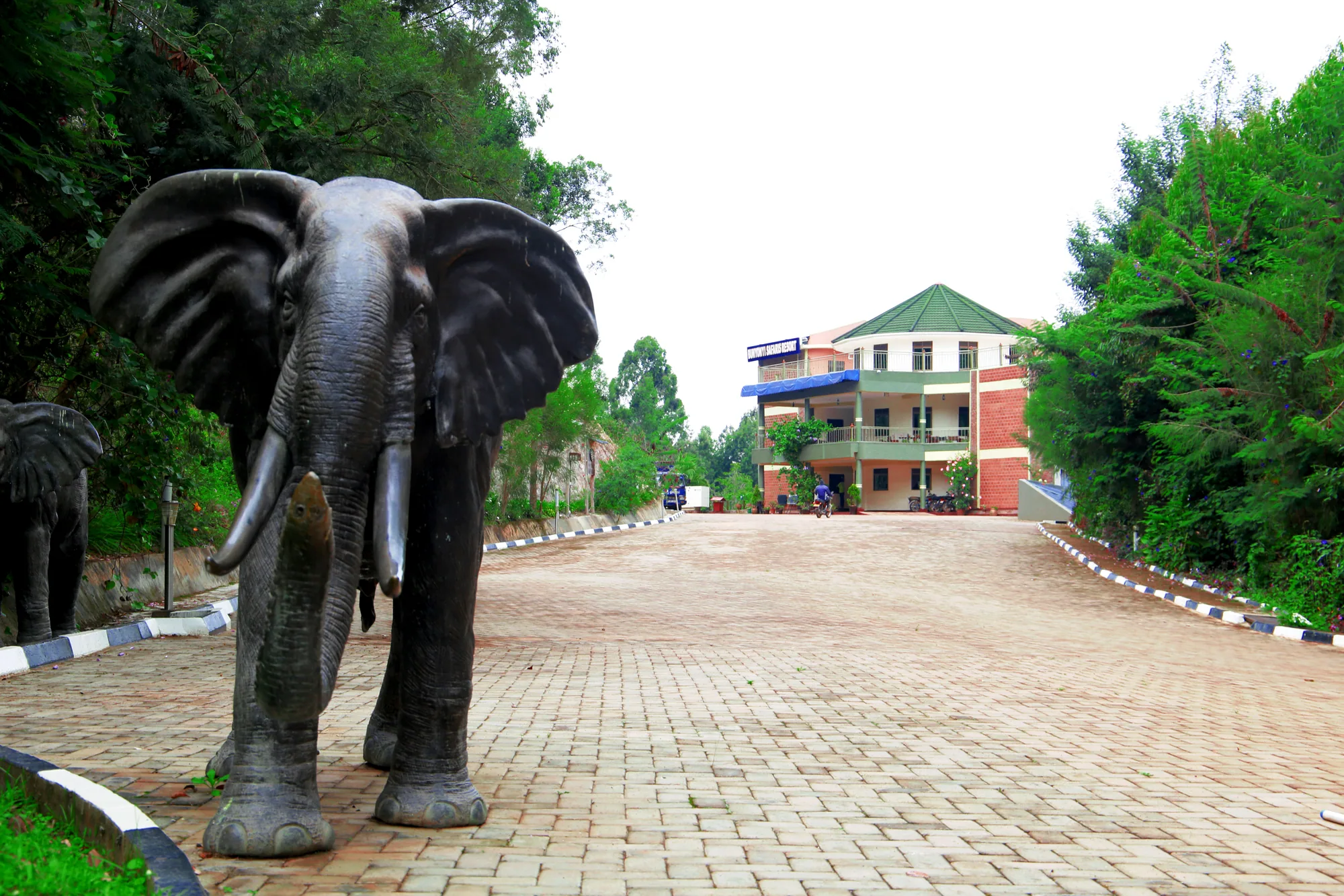 Paved driveway leading up to the hotel building, with a life-size elephant sculpture at the entrance