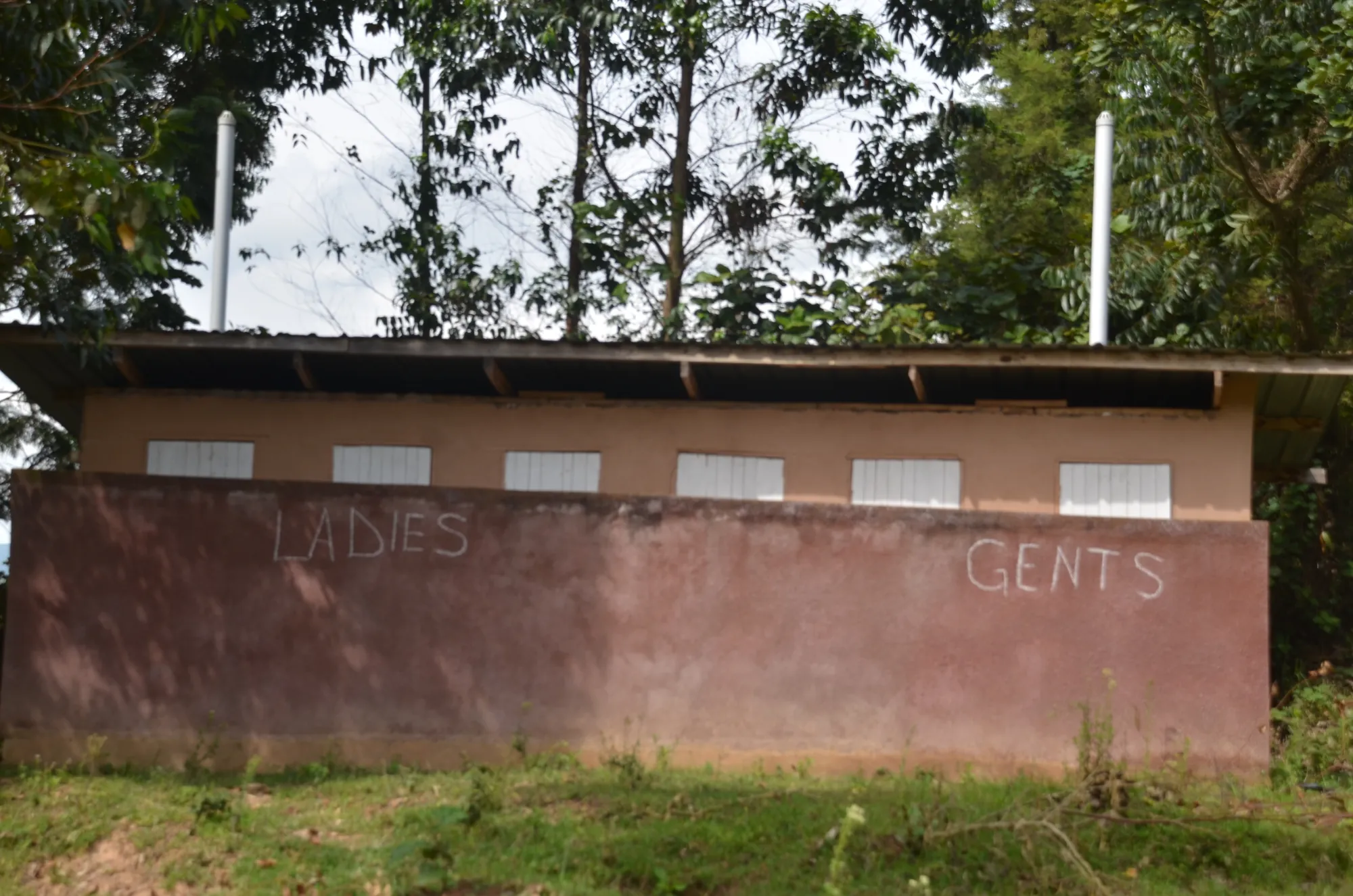 A rendered block of ladies' and gents' latrines with a metal roof at the institute site