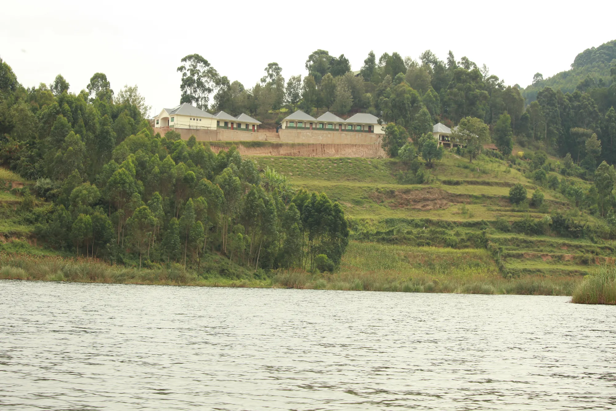 Terraced farm slopes rising from the lake, with institute buildings on the ridge above
