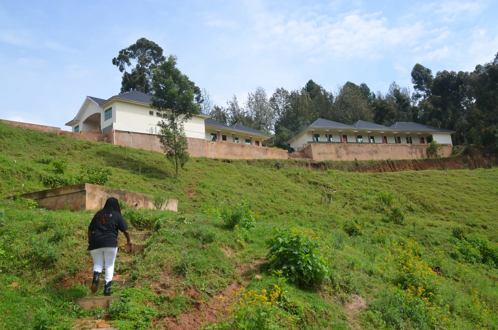 A person walking up the grass slope towards the long institute classroom block