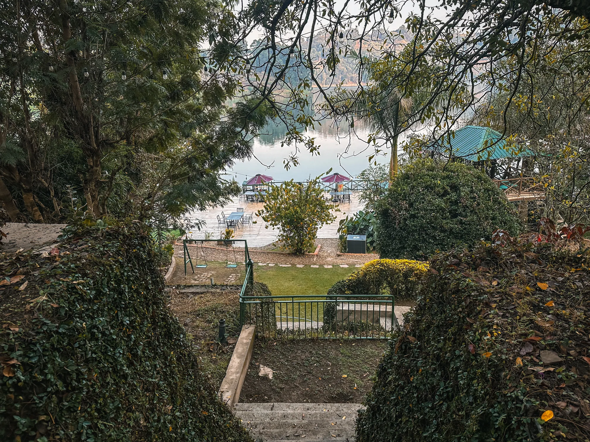 A garden path and lawn seen through overhanging foliage above the lake
