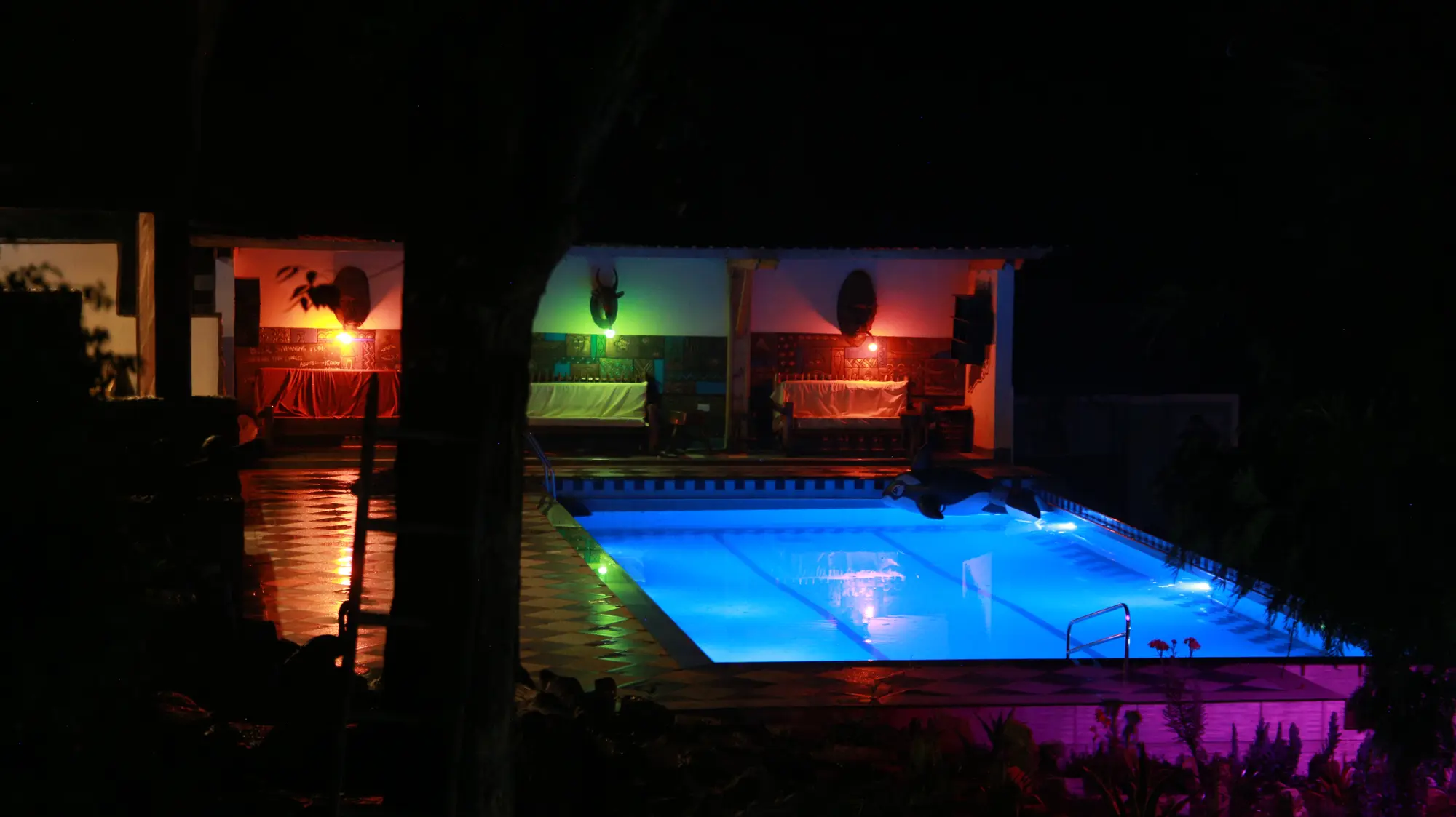 Swimming pool lit blue and pink beside the illuminated pool house at night
