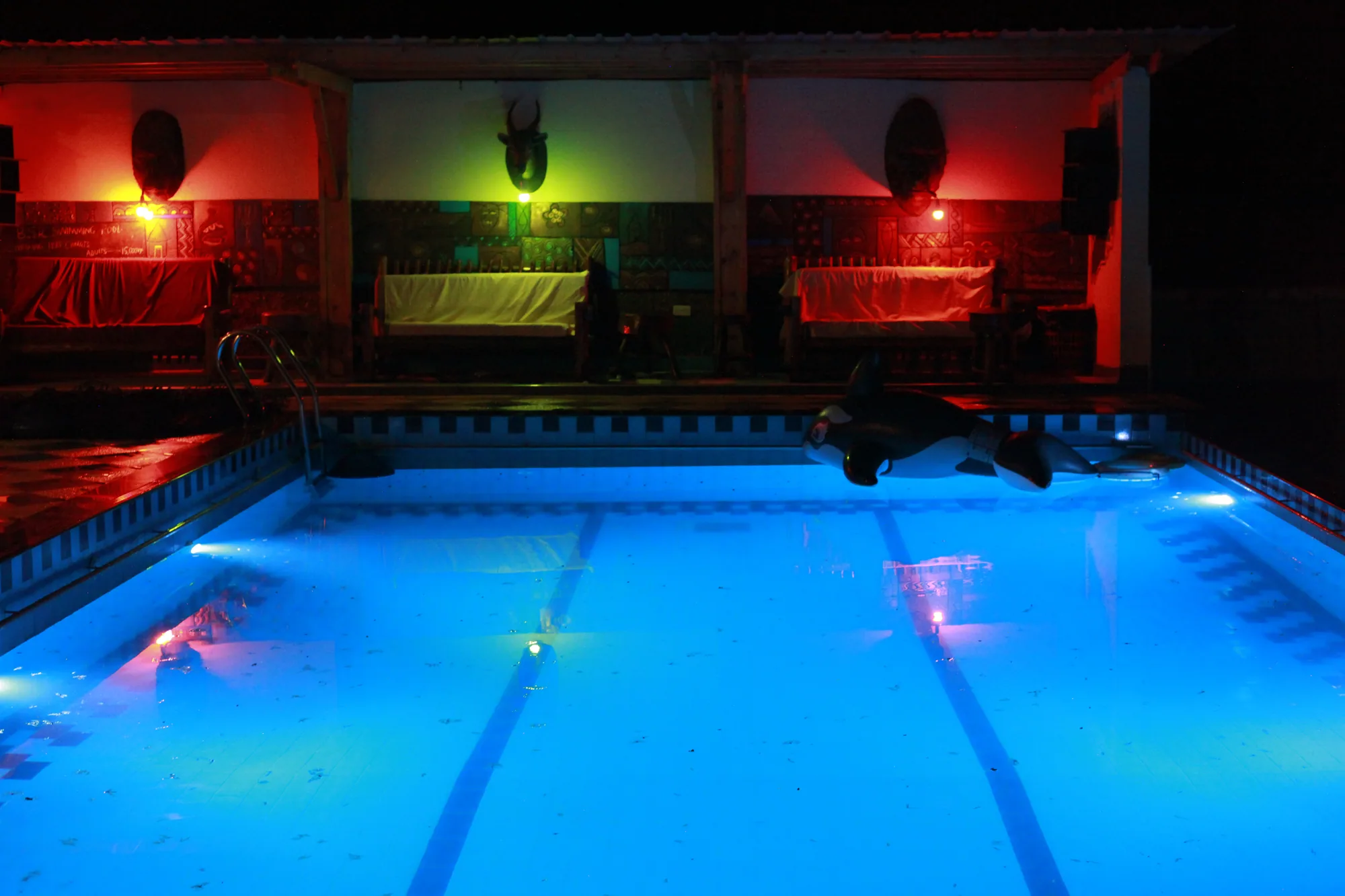 The pool illuminated blue at night, lit alcoves along the wall behind
