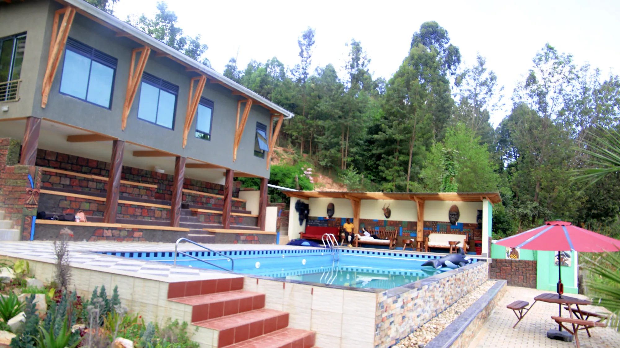 The pool and its lawn terrace below the timber-fronted building