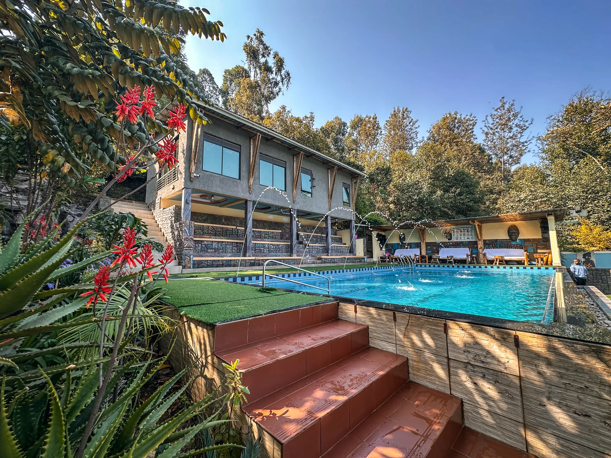 The pool seen from the top of the red steps, with the sun loungers along the far side