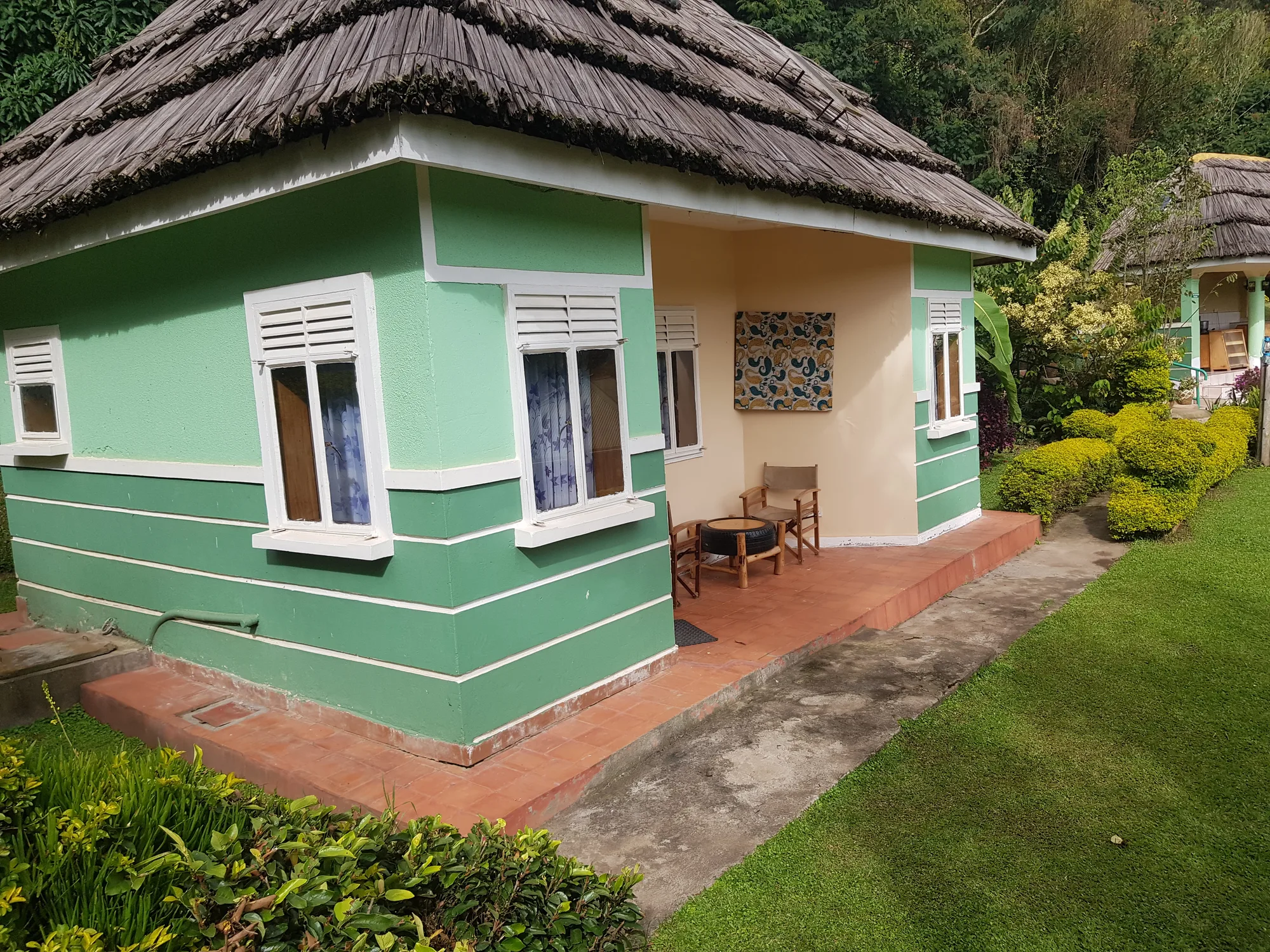 A green and cream thatched cottage with a small veranda and chair, surrounded by clipped lawn and shrubs