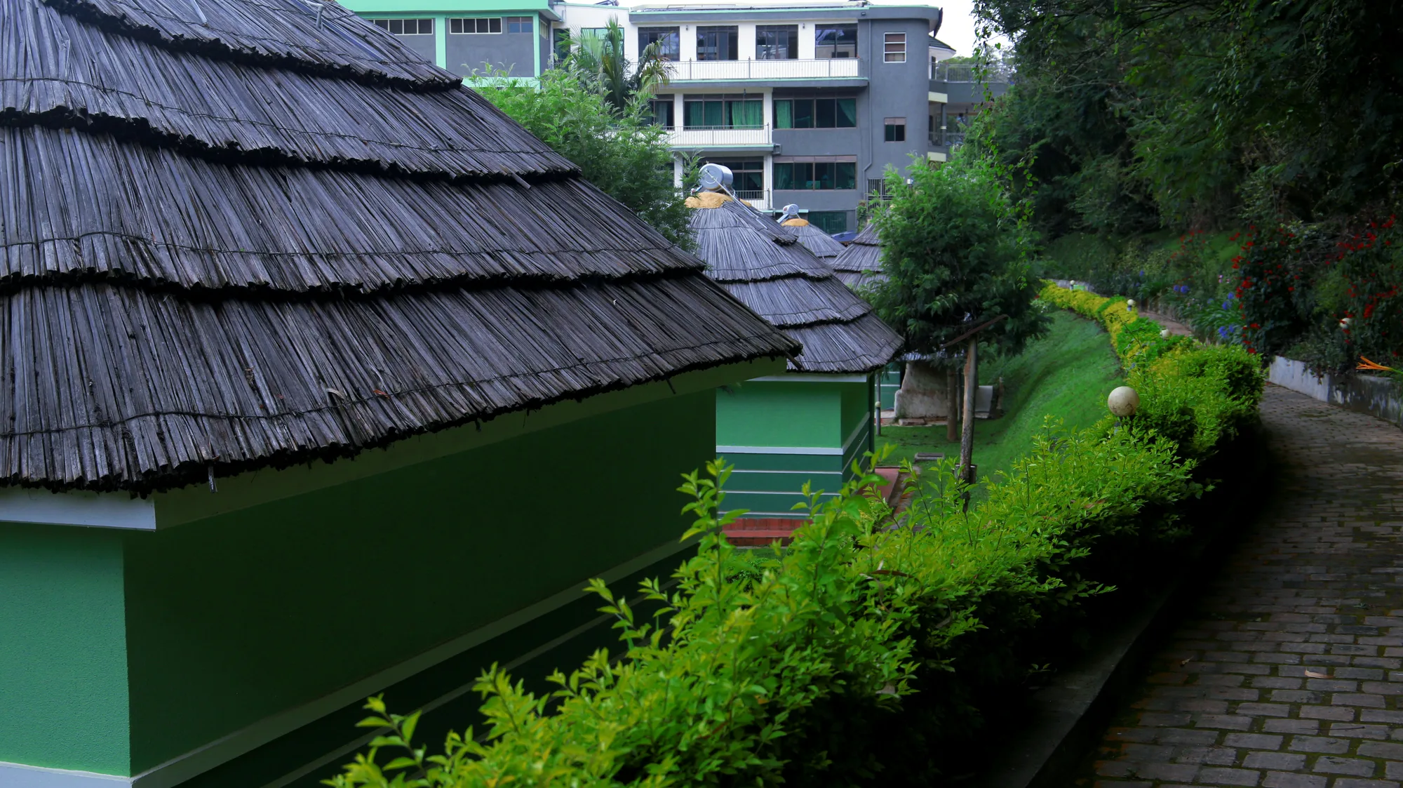 Shingled thatch roofs of the cottages beside a paved path with the hotel building above