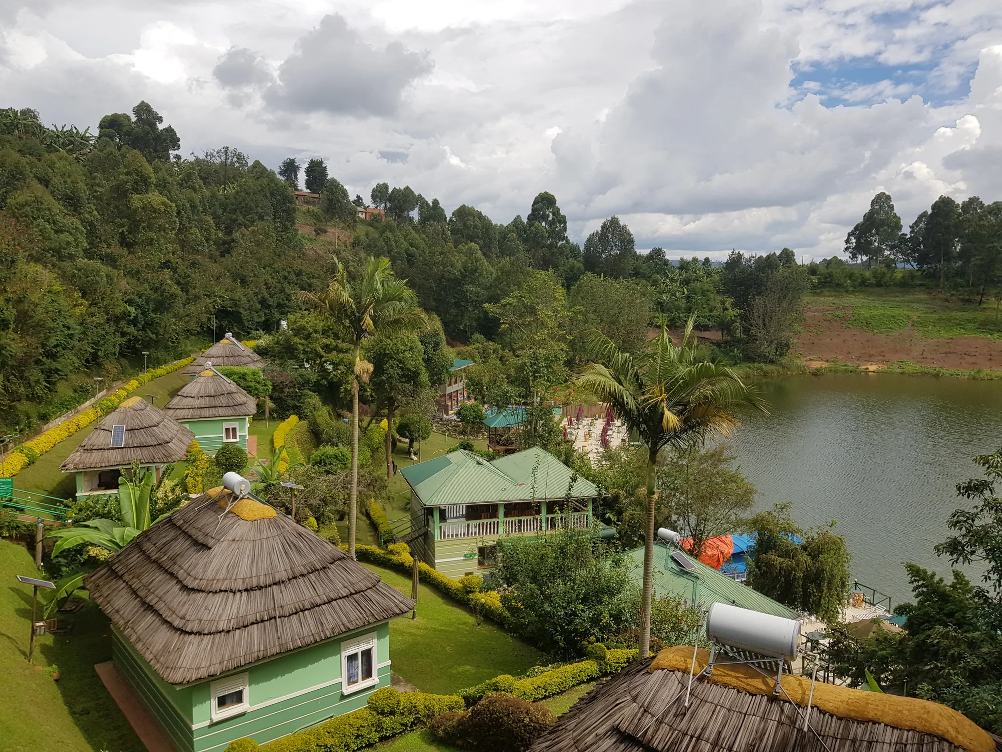 Thatched cottage roofs and green cottages among trees above the shoreline