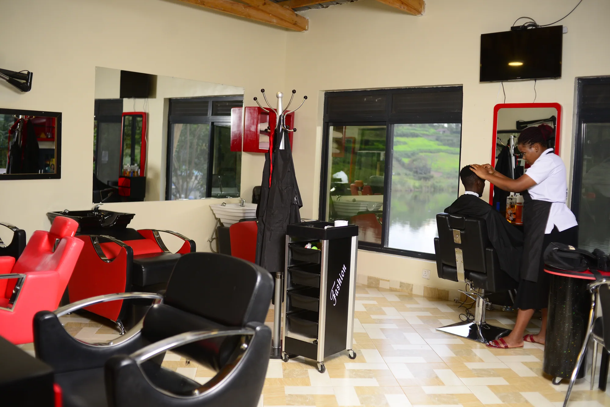 A hair wash in progress at the basins in the salon